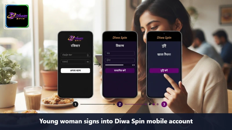 Young woman signs into Diwa Spin mobile account