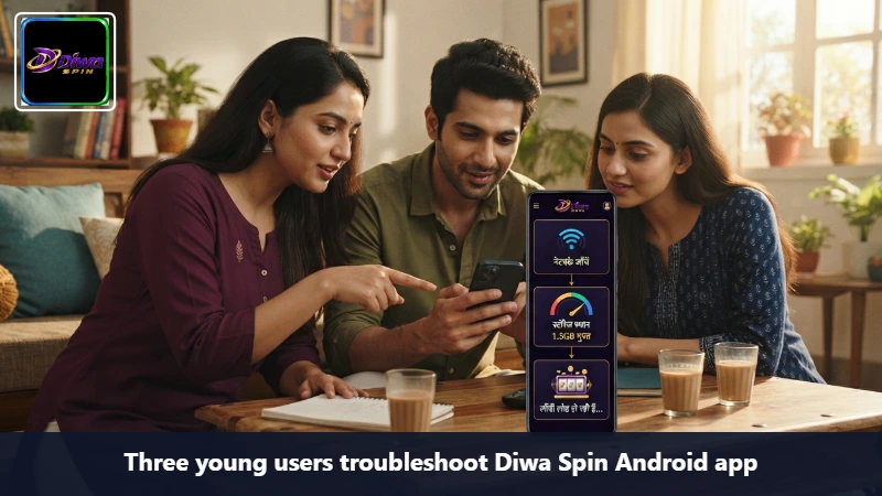 Three young users troubleshoot Diwa Spin Android app